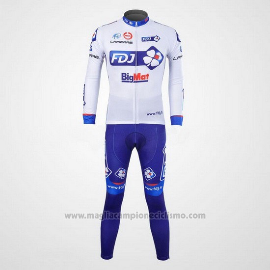 2012 Abbigliamento Ciclismo FDJ Bianco e Celeste Manica Lunga e Salopette
